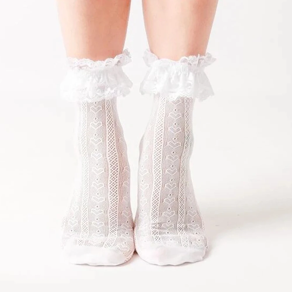 1 Pair Lace Mid Tube Socks Women\'s Lolita Retro Women\'s Love Jacquard Princess Sock White Breathable Anti Hook Silk Girls\' Socks