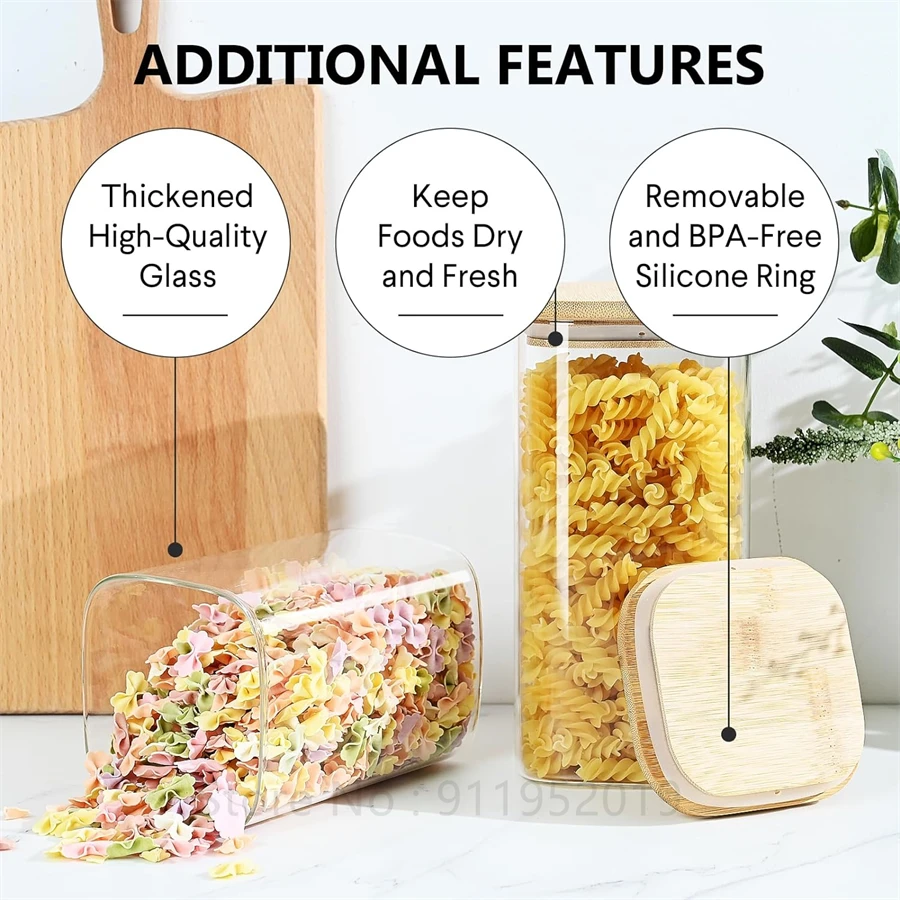 Glass Food Storage Jars with Bamboo Lids, Clear Square Airtight Kitchen Storage Container, Stackable Glass Pantry Food Canisters