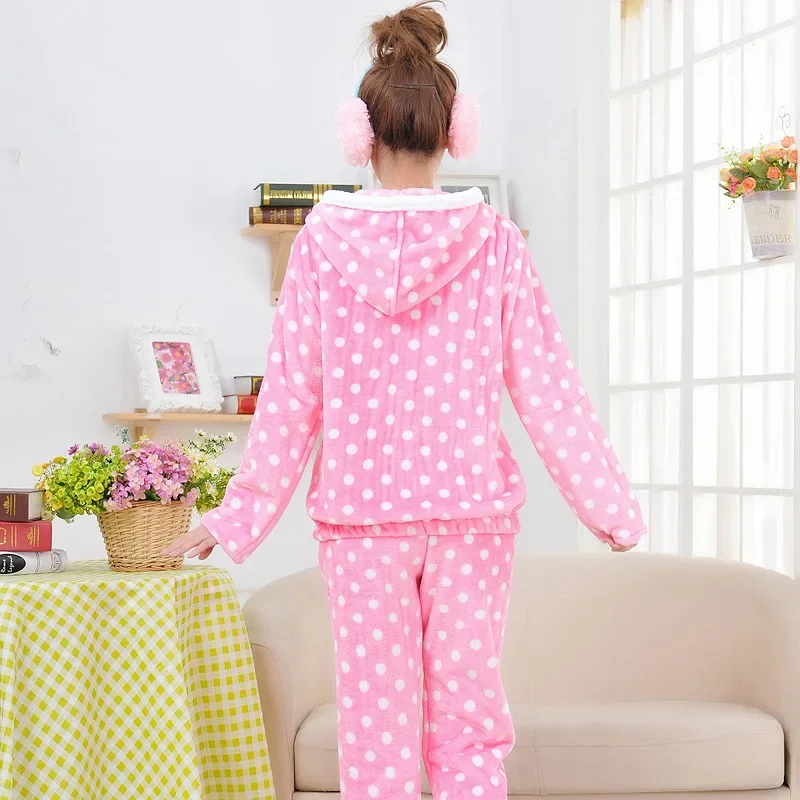 Pink Polka Dot Japanese Style Long Pants Sleepwear Set for Women Hooded Home Clothes Warmth Choice Loose Comfortable Tracksuit