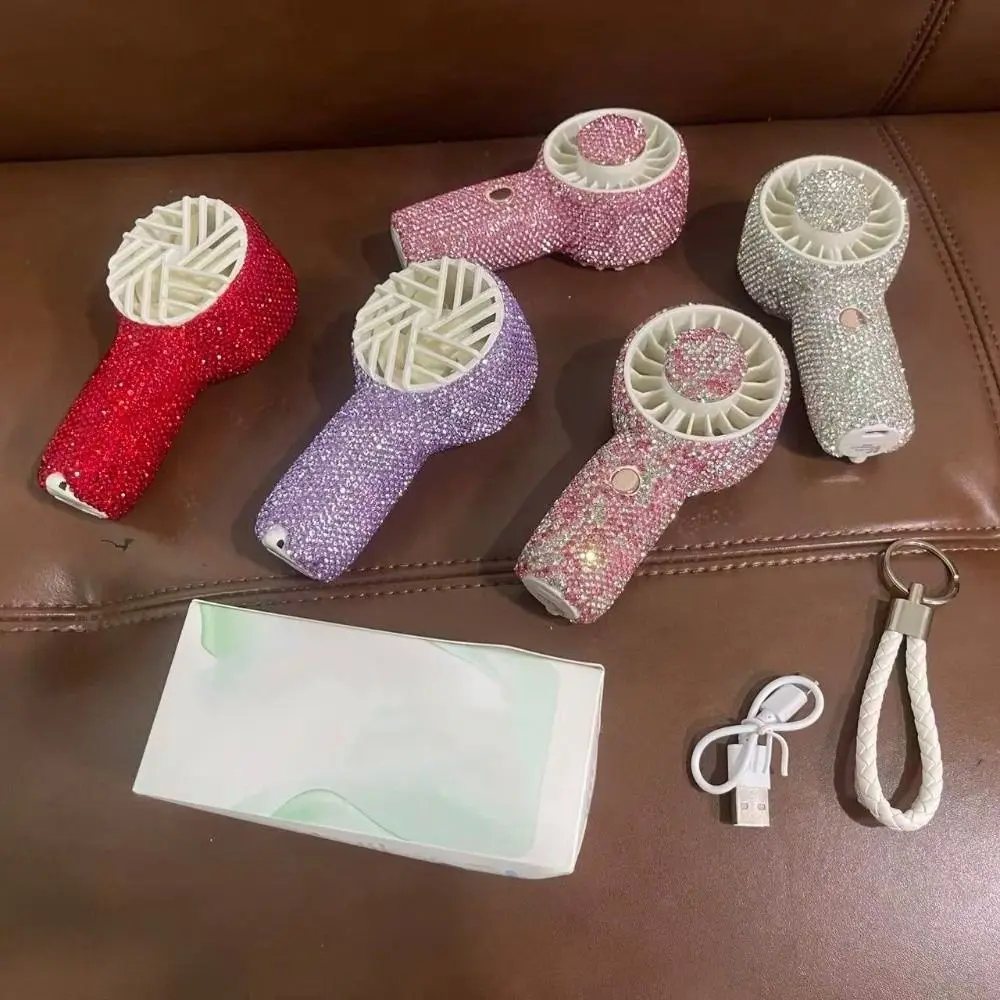Sparkling Rhinestone Handheld Fan Long-Lasting Strong Wind Mini Cooling Fan Exquisite USB Rechargeable Portable Hand Fan Office