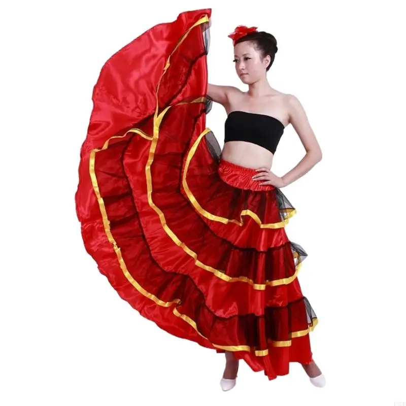 P8DB Womens Elegant Flamenco Dance Skirt Layered Long Skirt Spanish Dance Skirt Belly Dance Skirt Performances Costume