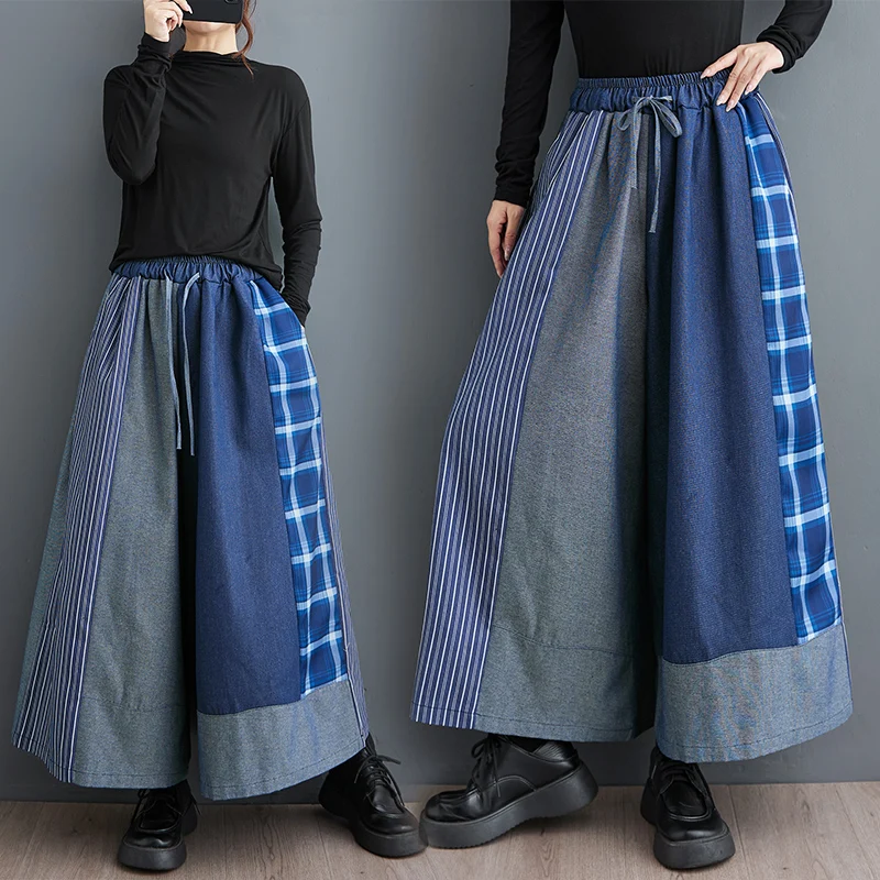 レトロ和風カジュアルパンツハイウエストワイドレッグジーンズ女性の弾性ウエスト巾着ルーズフィットズボン