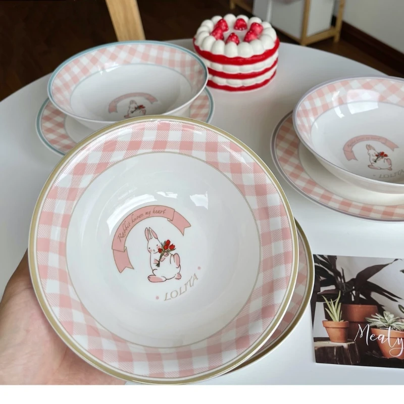 Creative Plaid Rabbit Dish Ceramic Breakfast Plate 8 Inch Dessert Disc Bone Porcelain Plate Household Creative Ceramic Tableware