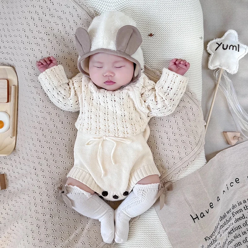 pasgeboren baby baby meisjes gebreide kleding hart lange mouw jumpsuit outfit herfst winter wol gebreide trui romper kleding
