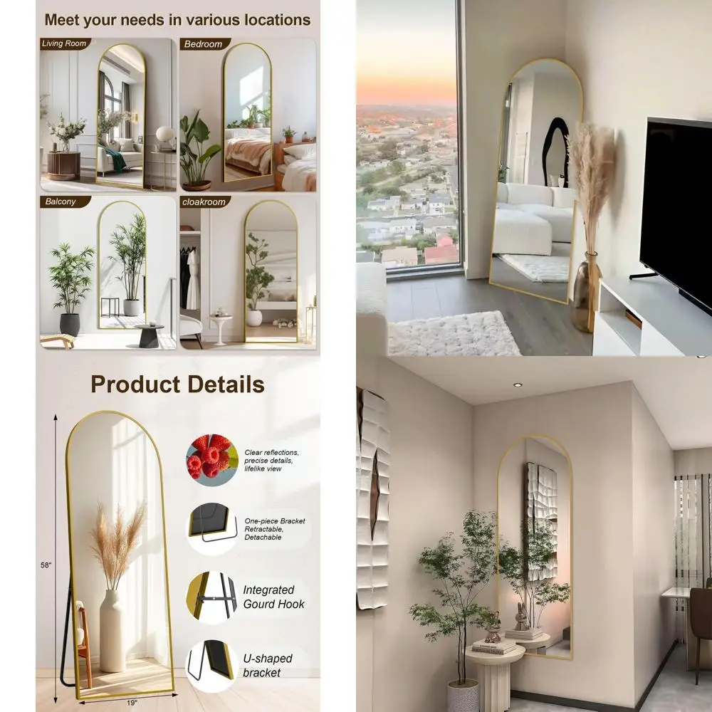 

58 x 19 Arched Floor Mirror with Stand for Bedroom, Living Room, or Cloakroom in Gold Finish