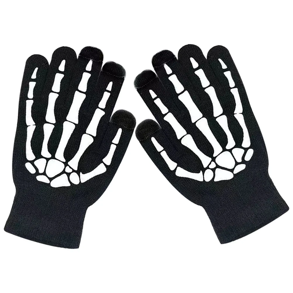 Fluorescent Gloves Halloween Skull Bone Pattern Thermal Fluorescence Winter Acrylic Stylish Miss