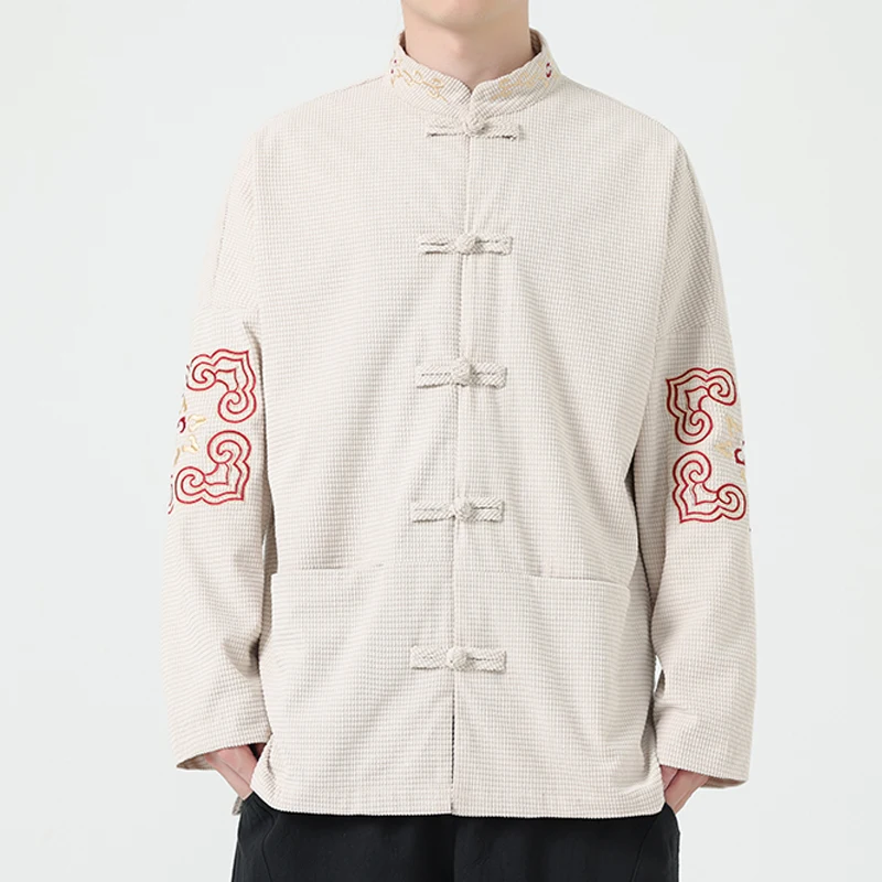 

Retro Artistic Thiened Large Size Men's Jaet Loose Sle Embroidery Outerwear Autumn Winter Casual Faion Warmth