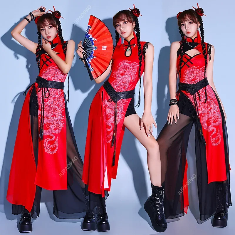 Sexy Gogo Dance Costume Women Chinese Style Jazz Performance Outfit Red Kpop Clothes Nightclub Bar Dj Singer Stage Wear Y2K