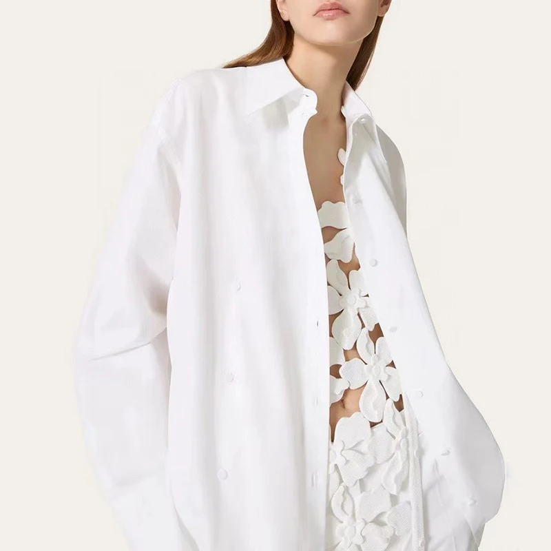 Women's White Shirt, French Elegant Hibiscus Flower Hollow Pile Flower Top, Fashion Loose Jacket, High Quality, Autumn, New 2024