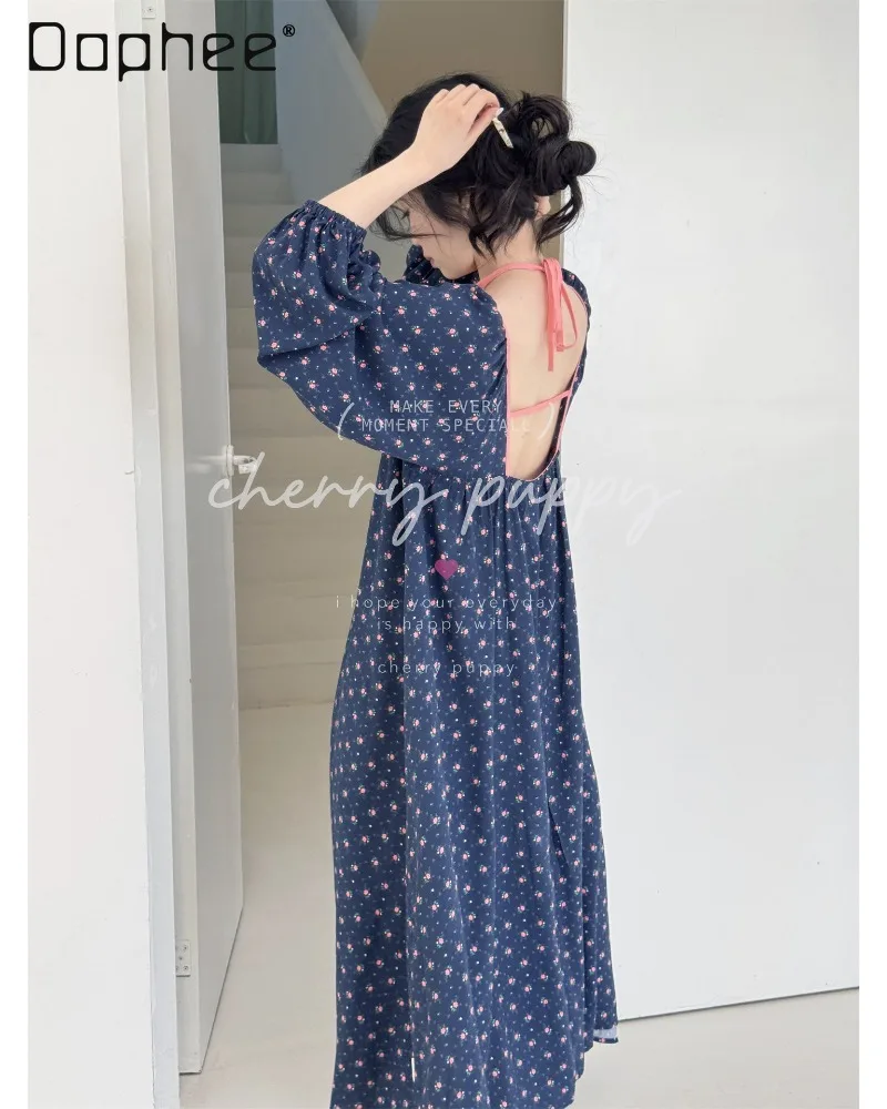 Korean-style Gentle Pastoral Retro Floral Print Long-sleeve Nightdress V-neck Loose Lantern Loungewear for Women Sleepshirts