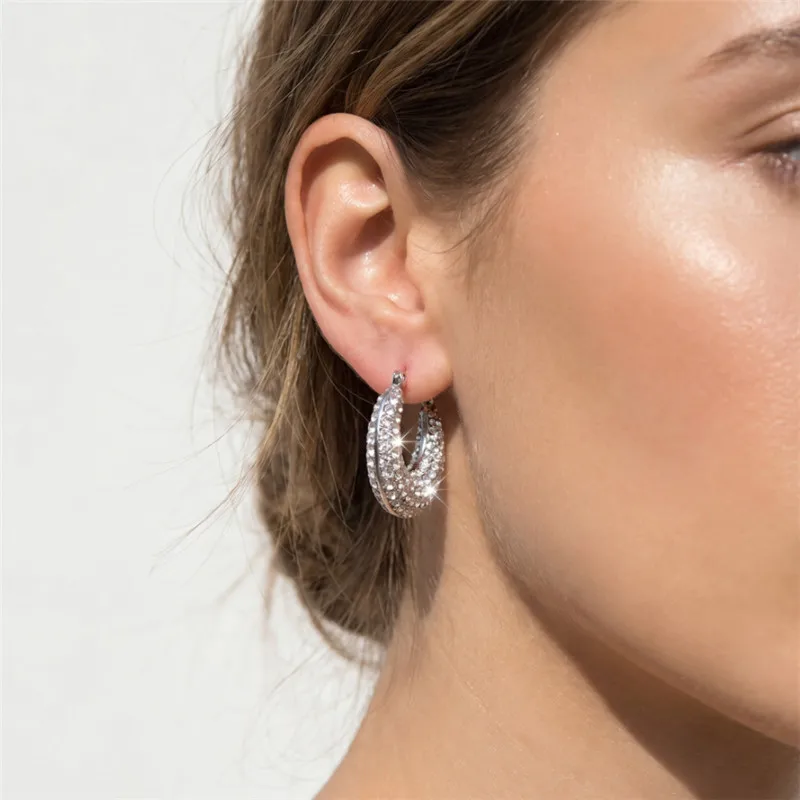 Full Cubic Zirconia C Shape Hoop Earrings Stainless Steel Huggie Earrings Gold Silver Color Fashion Women Party Accessories