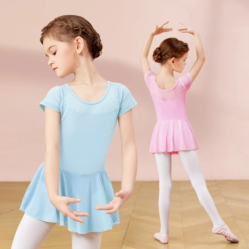 Girls Dance Leotards Ballet Dress Kids Mesh Splice Gymnastics Leotards Short Sleeve Ballet Dance Costumes Ballet Bodysuit