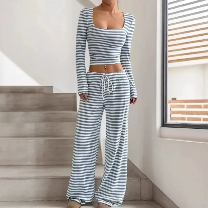 

Autumn Winter Pajamas Set Sexy Women Striped Square Collar Home Wear Set Sleepwear Ladies Pyjamas Shorts Sleep Lounge