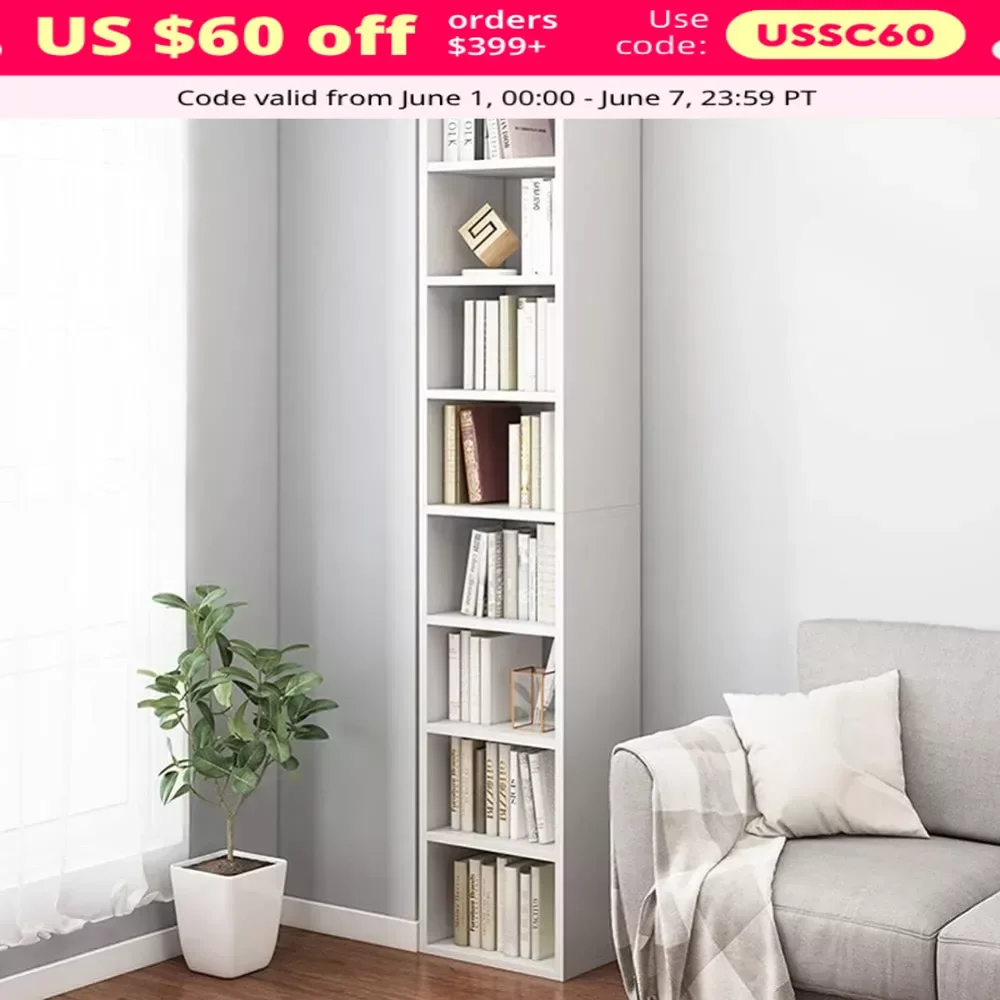 

Narrow Corner Bookcase, 71 Inches Tall Gap Freestanding Storage Cabinet, 8 Lattices Open Shelves Tower Rack, Cubes Bookshelf