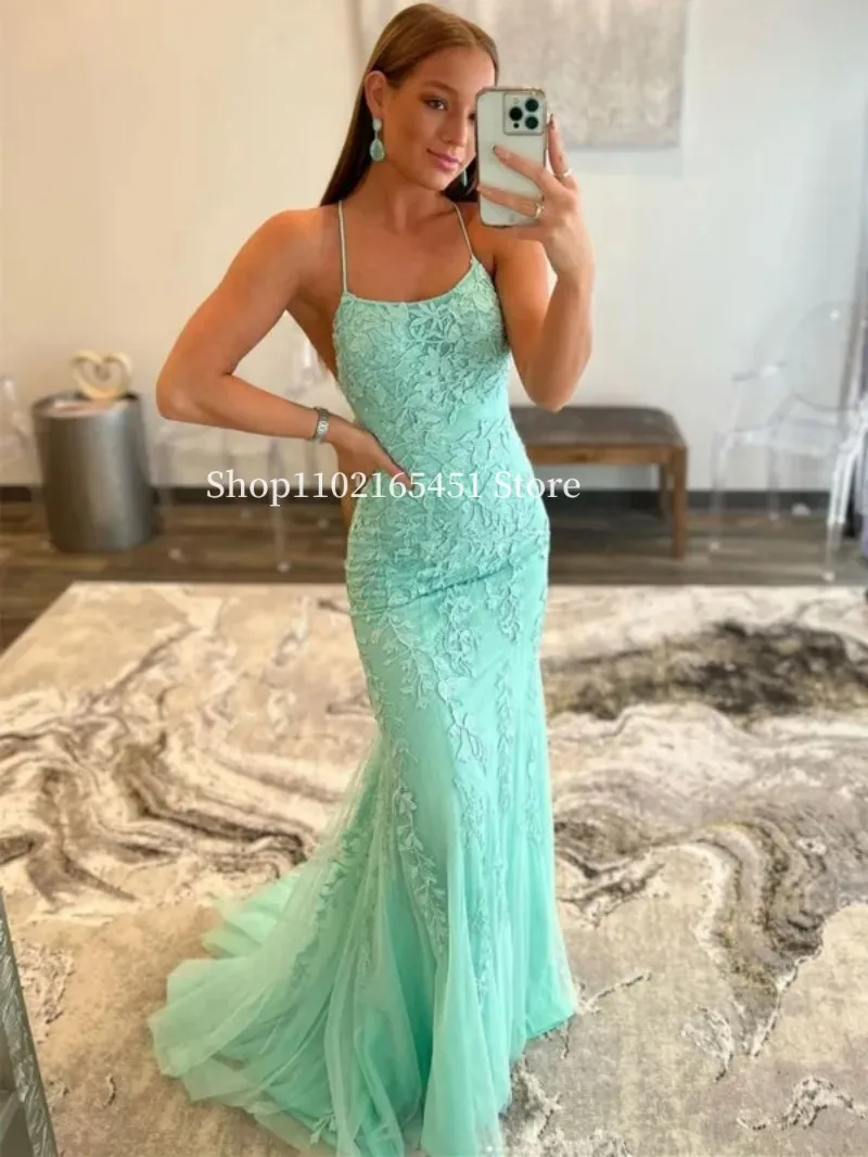 

Mint Green Lace Mermaid Long Evening Prom Gowns For Women Formal Sexy Criss Cross Backless Spaghetti Appliques Customized