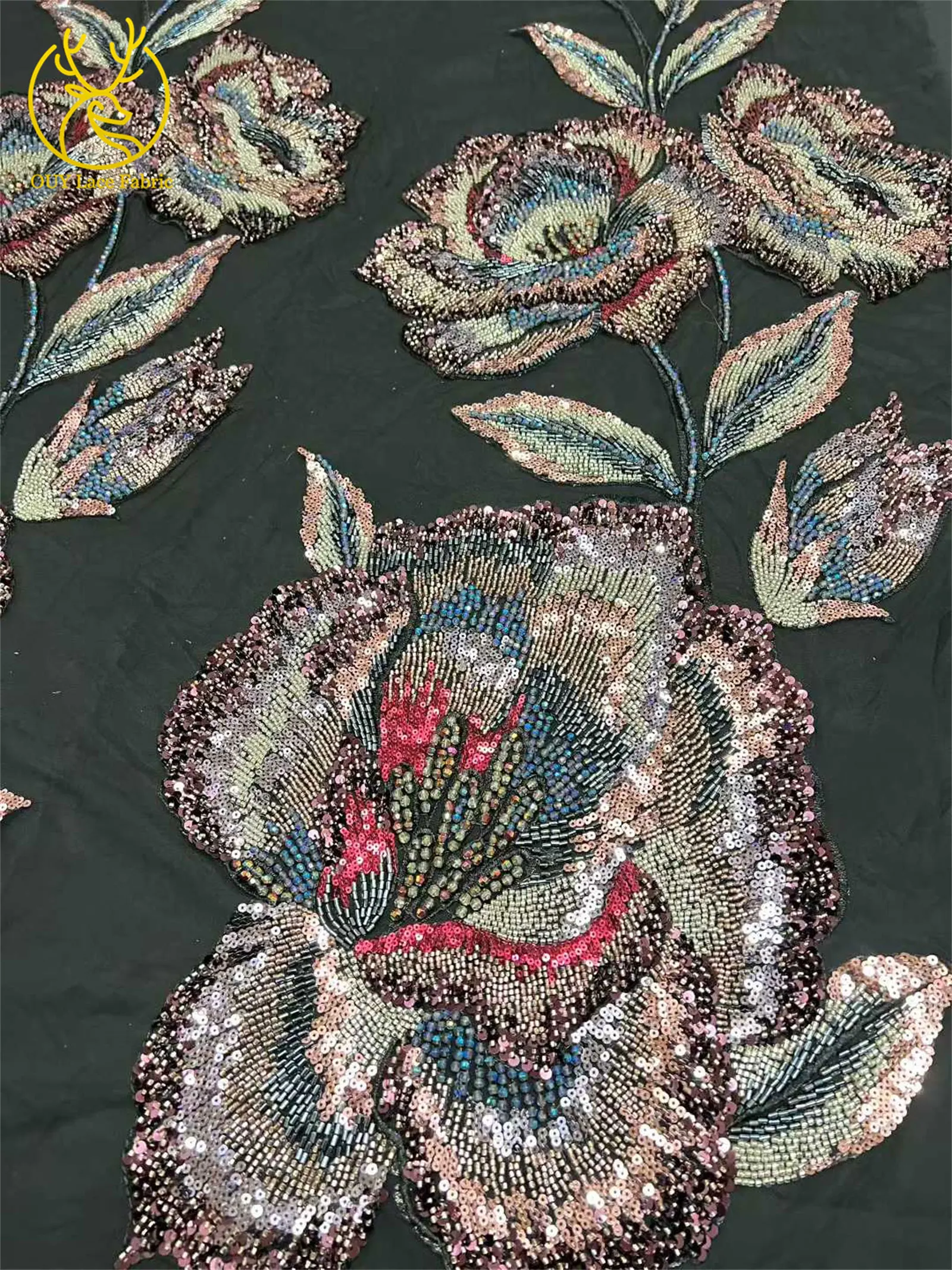 Nigeria Große Blumen Perlen-Spitzenstoff 2026 Luxuriöser Afrikanischer Spitzenstoff 5 Yards Französischer Pailletten-Spitzenstoff für Party- und Abendkleider – Detail 7