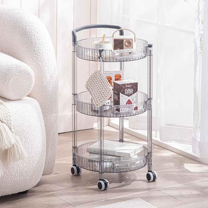 

Multi-Layer Modern Minimalist Trolley Round Plastic Shelf Snack Storage Cart Wheels Removable Bedroom Living Room Kitchen Shelf