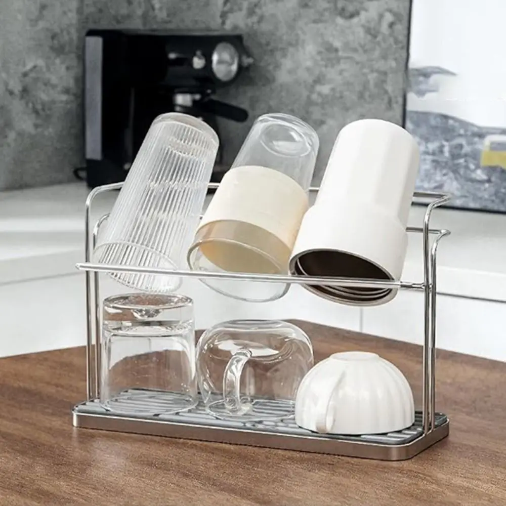 

2 Tier Bottle Drying Rack Slanted Design Space Saving Cup Organizer Stainless Steel with Drain Tray Mug Holder Kitchen Table