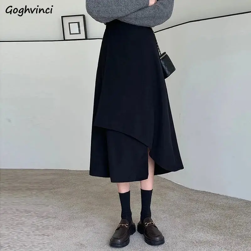 

Mid-length Skirts Women Asymmetrical Slit High Waist A-line Chic Temperament Streetwear All-match Solid Casual Ulzzang Mujer