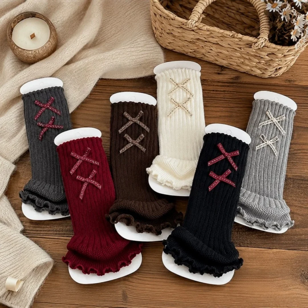 Autumn Girls Bow Knit Leg Warmers Korean Style Solid Warm Kids Mid Calf Sock for Girls 2026 New Sweet Soft Children Sock