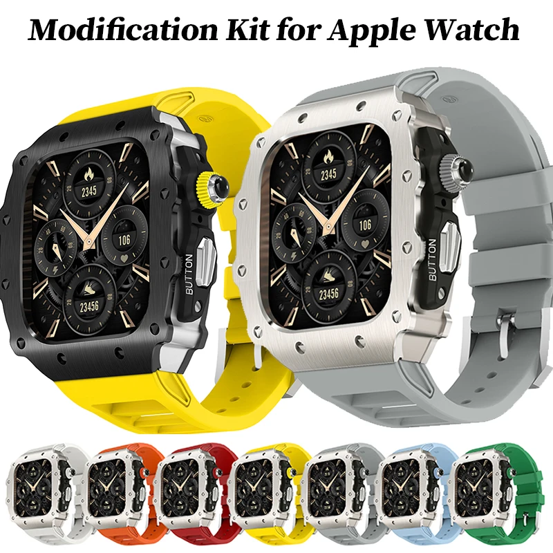 

Роскошный модификационный комплект для Apple Watch S11 S10 46 мм, силиконовый ремешок для IWatch 9 8 7 6 5 44 мм 45 Модный чехол из нержавеющей стали