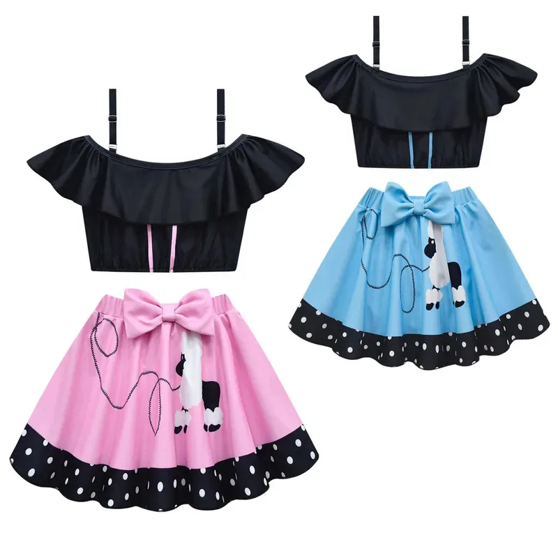 

Kids Cosplay swimsuit 50s Retro Pink Poodle sling Dress Girls Carnival Party Costume Family Fancy Dress Halloween Role Costume