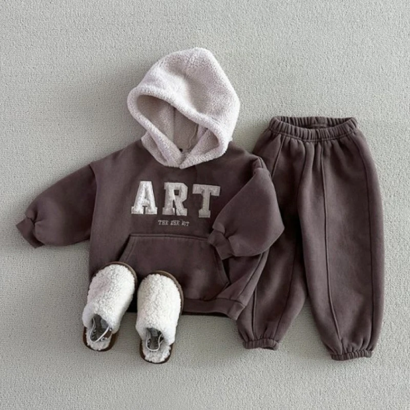 1 2 3 4 5 6 سنوات طفل الفتيان الملابس مجموعة الخريف الشتاء جديد المرقعة أفخم سميكة الدافئة هوديي السراويل 2 قطعة للبنين الزي غير الرسمي