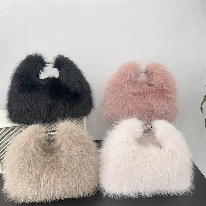 Simple Design Women Soft Plush Hobos Shoulder Bags Winter Furry Ladies Clutch Purse Handbag Fashion Female Underarm Evening Bag