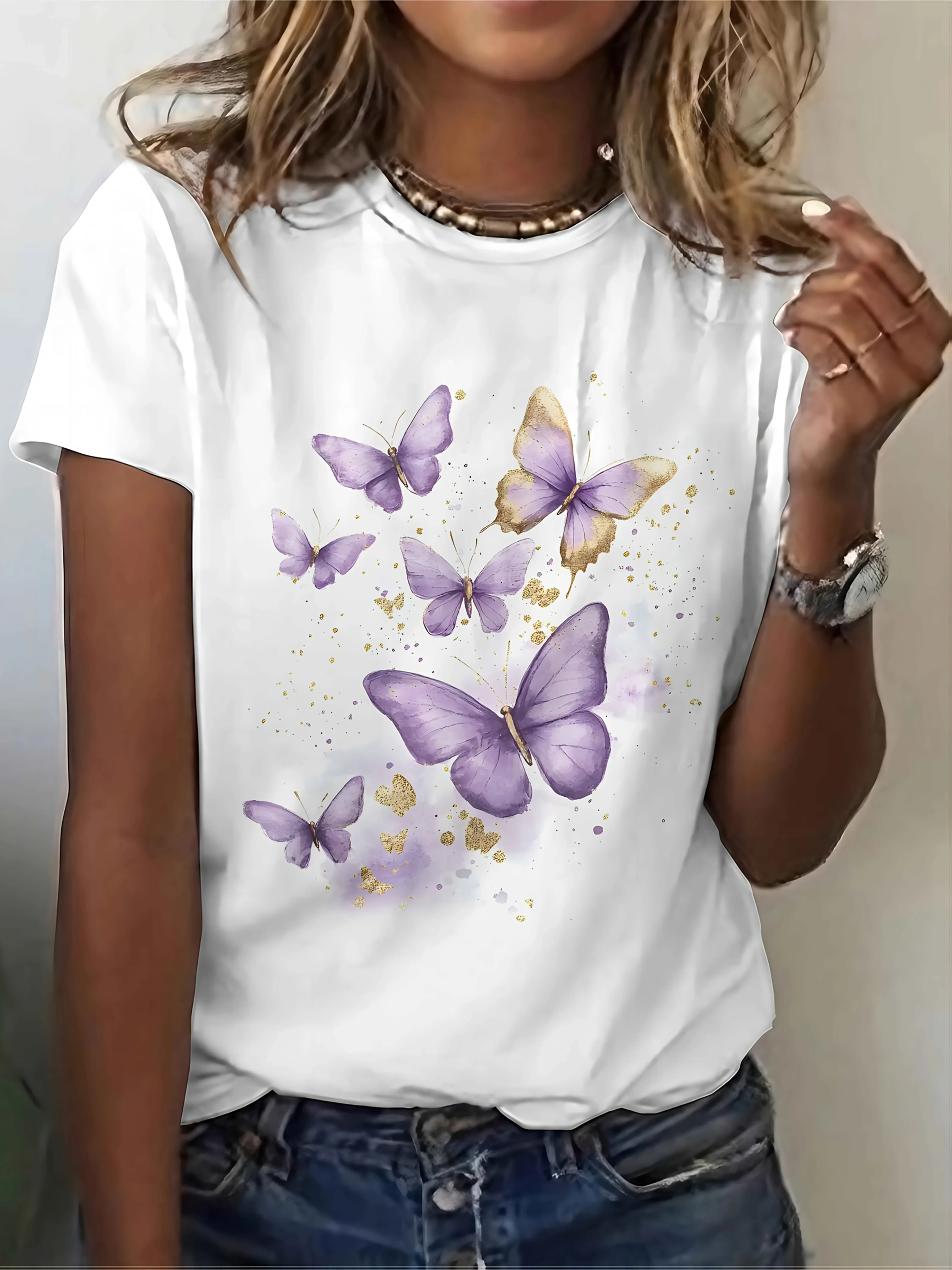 Women' Purple Golden Butterfly Print T-shirt Crew Neck Short Sleeve Comfy Harajuku Woman 90s Graphic 2000s Casual Aesthetic Tee