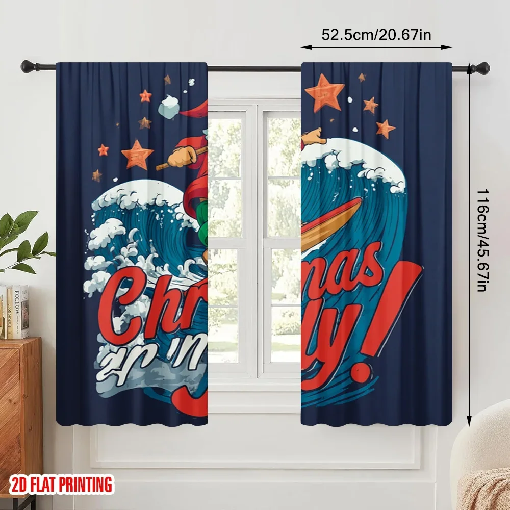 2pcs,2D plane printing Minimalist Curtains Surfing Santa & Reindeer Polyester Fabric (without rod) Festive Use for Living Room,