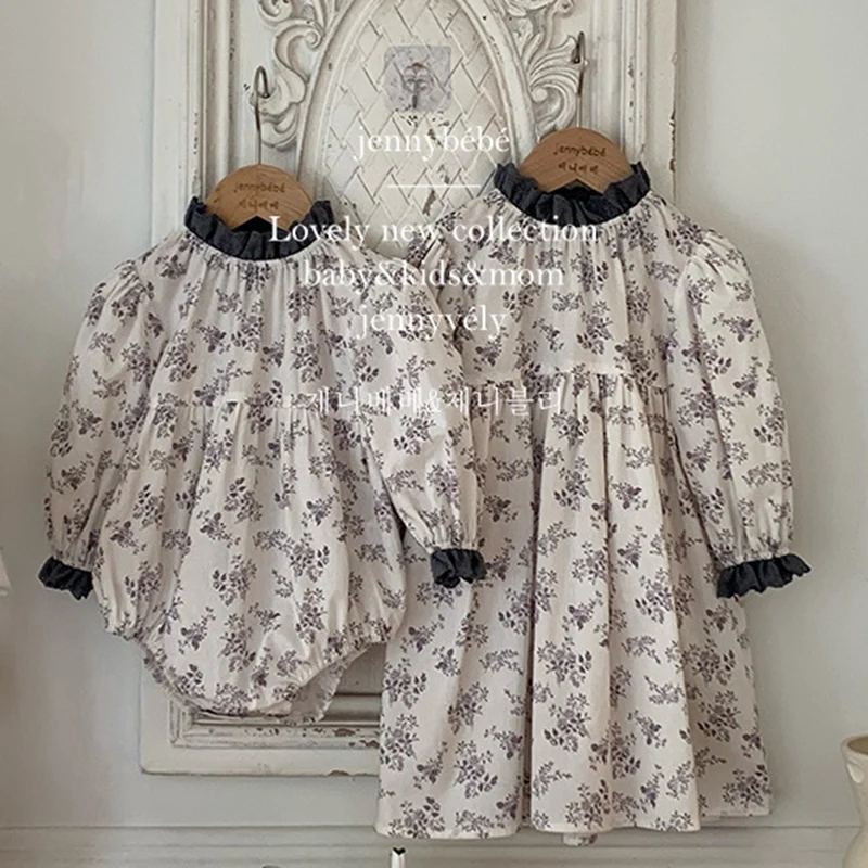 2024 New Autumn Sister Dress Baby Girl Party Dress Long Sleeved Cotton Flower Print Kids Princess Dresses Baby Girl Romper