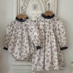 2024 New Autumn Sister Dress Baby Girl Party Dress Long Sleeved Cotton Flower Print Kids Princess Dresses Baby Girl Romper