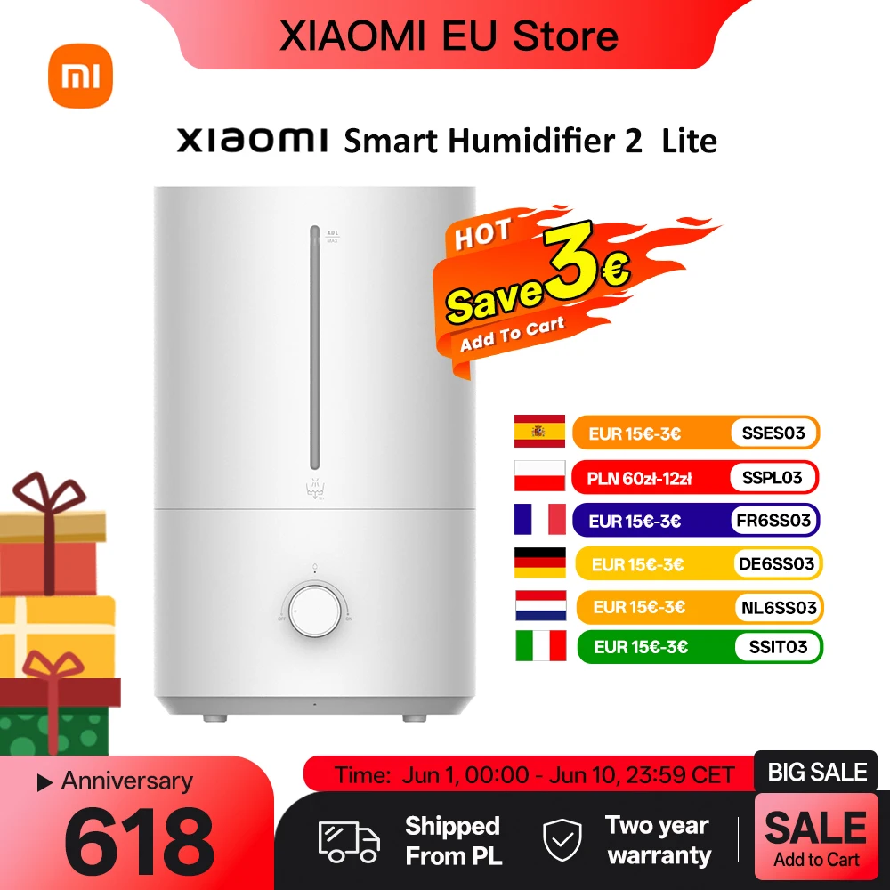 XIAOMI Humidifier 2 Lite Humidificateur avec Humidification 300 ml/h, Réservoir d'eau avec 99,9% Efficacité antibactérienne, Capacité 4 L