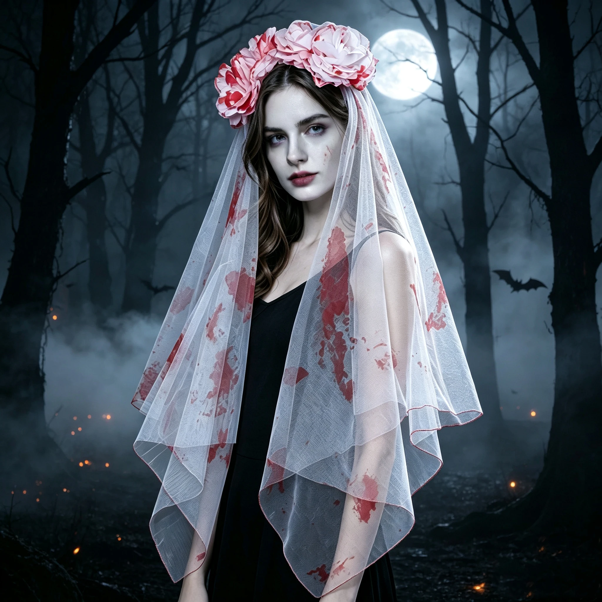 Halloween Blood-Red Bridal Veil, Simulated Rose Garland Blood-Stained Mesh Veil, Ghost Bride Cosplay Party Headpiece