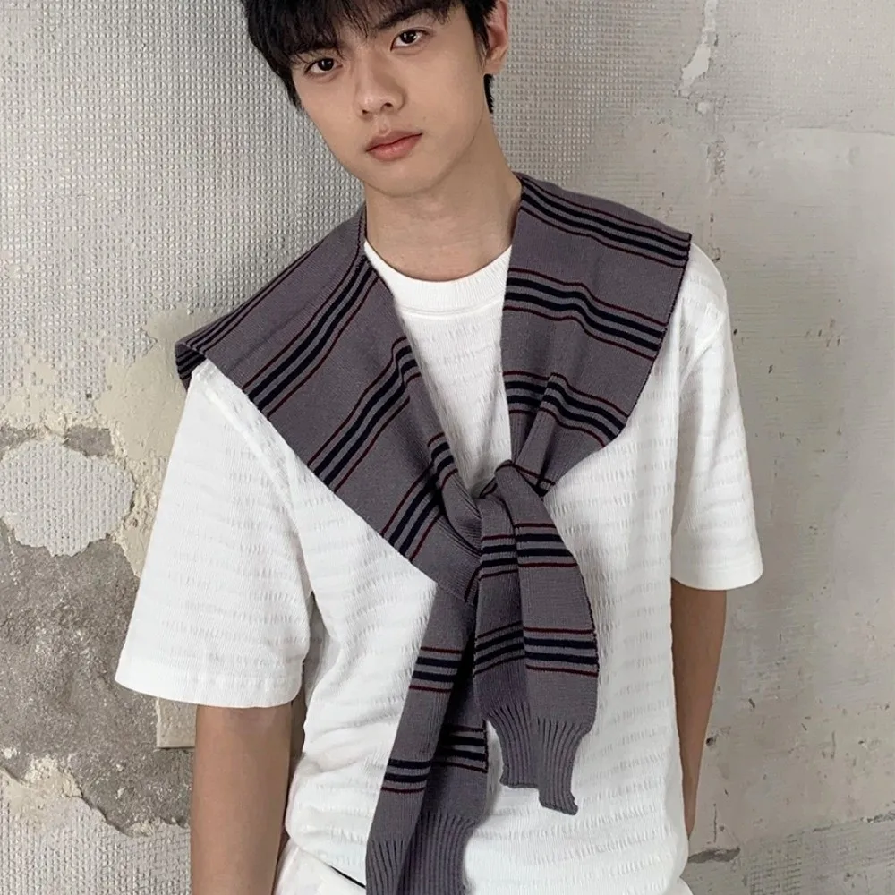 

Простая классическая мужская вязаная шаль, плащ в корейском стиле, полосатый шарф, завязанные накидки, искусственный воротник, украшение для одежды
