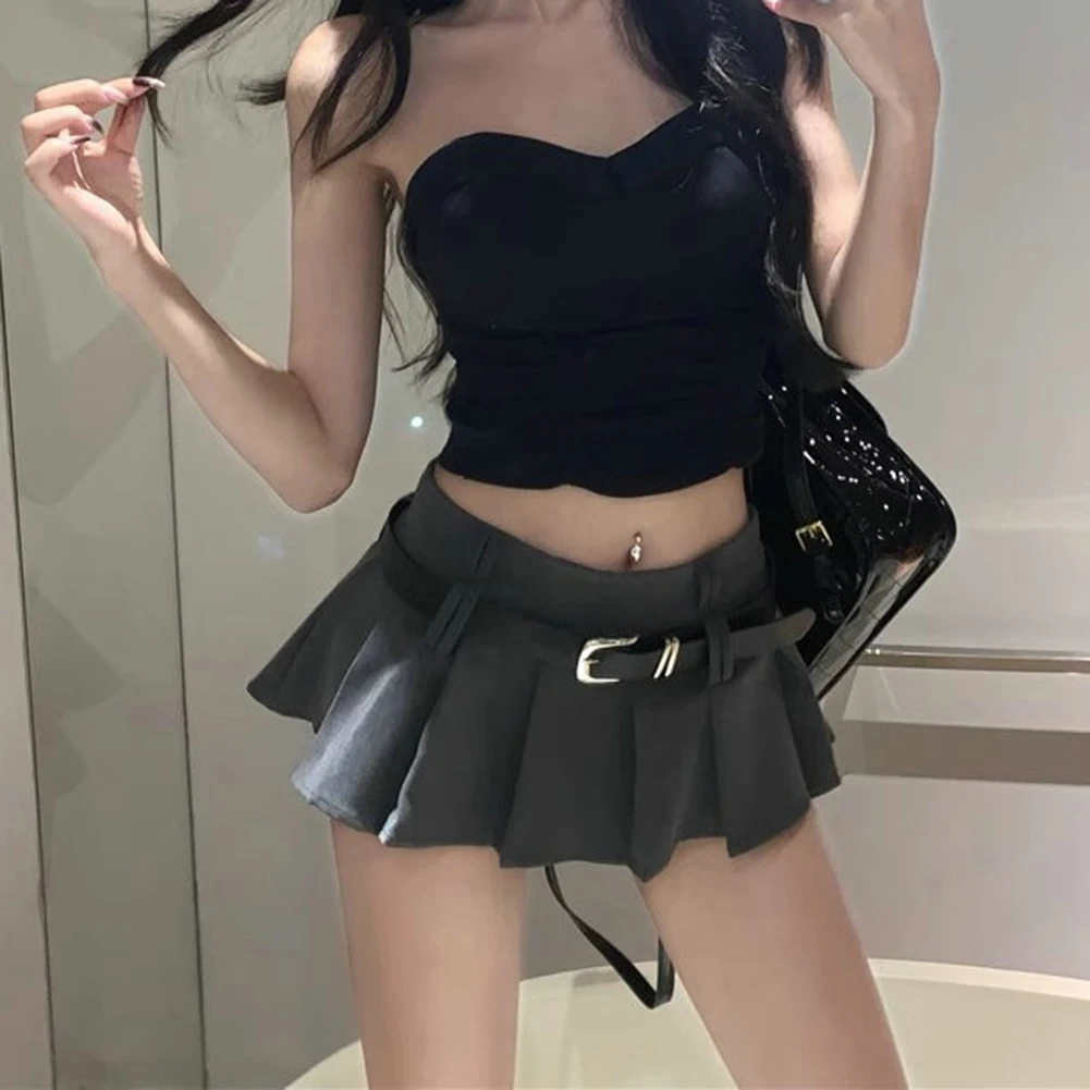 Women Sexy Summer Pleated Half Length Short Skirt With Shorts Korean High Waist Belt A-Line School Solid Female Ultra Short