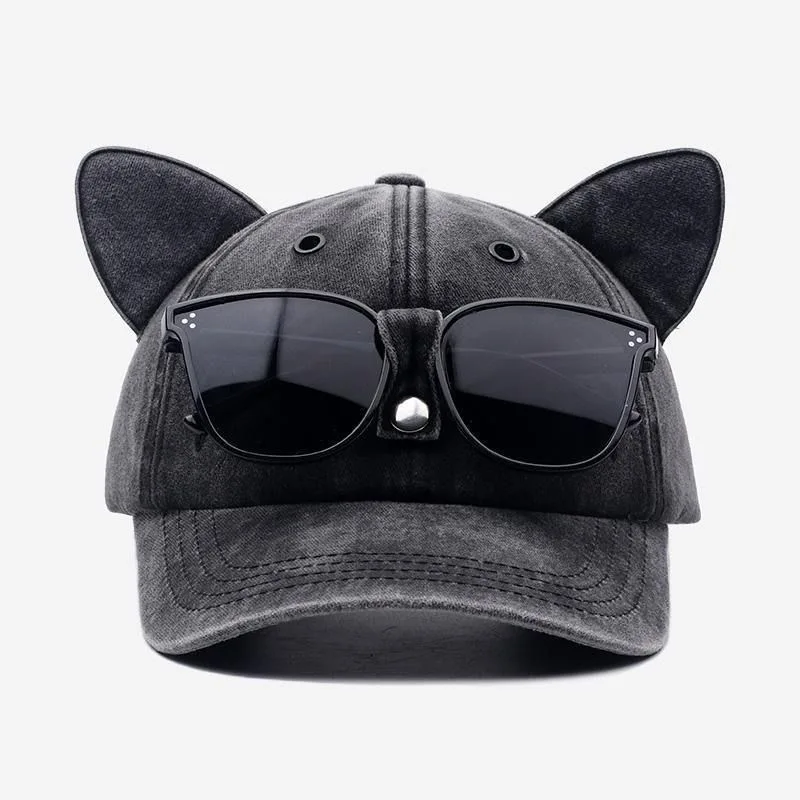 Cute Cat Ear Pilot Baseball Cap with Built-in Sunglasses, Unisex Hip Hop Street Style Peaked Hat, Pink Fashion Casual Hat