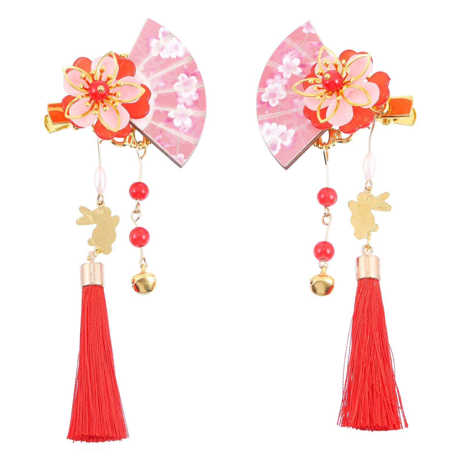 2 Pcs Hairpin Franchimon Vintage Clips for Girls Retro Decor Fan Shape Barrette Tassel Headdress Japanese-style Tassels