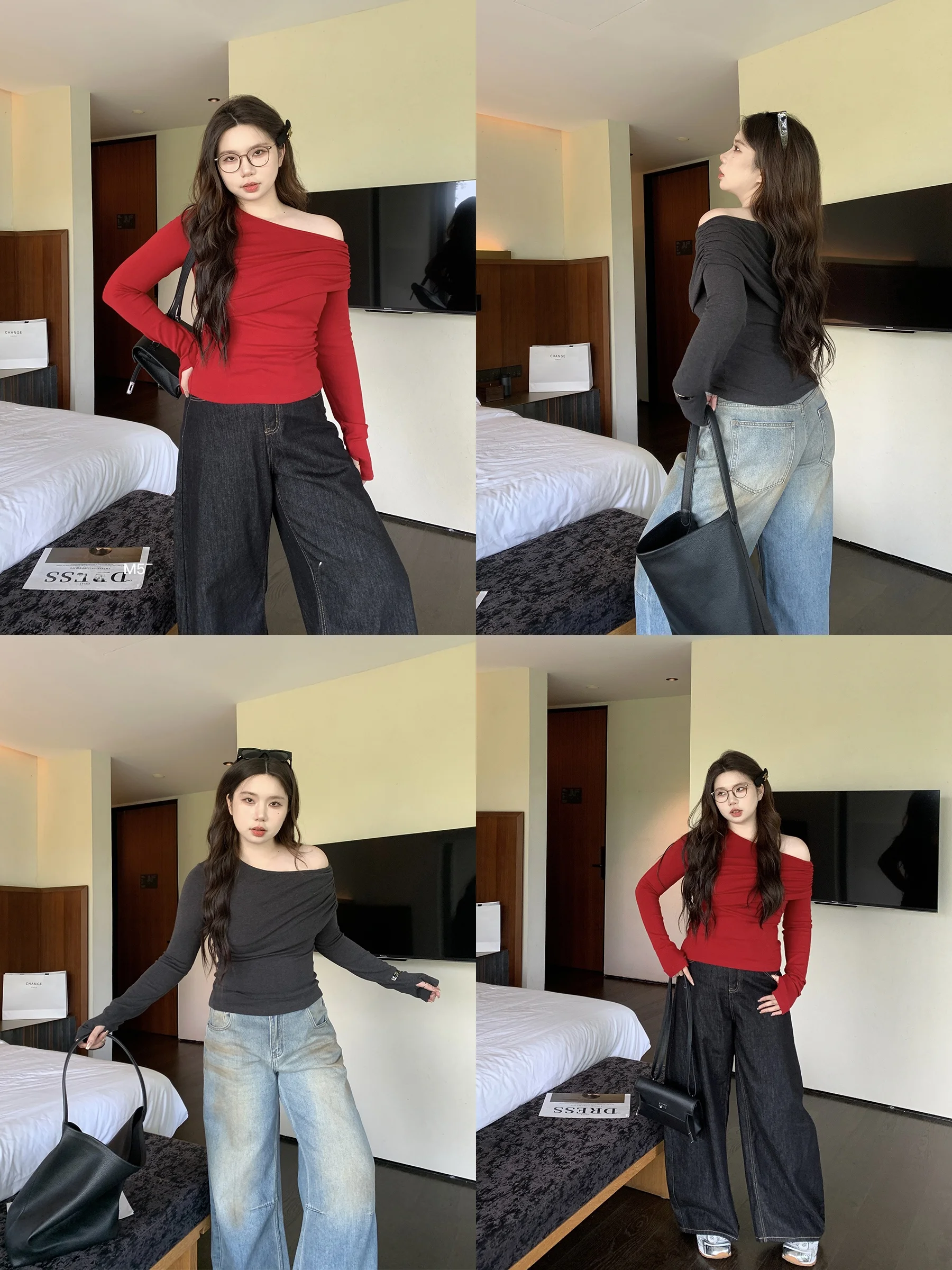 

Утягивающая футболка M5T6 Micro Plump Waist Cinched Sweetie Red с асимметричным плечами и плиссированной базой, универсальный дизайн, длинный топ све