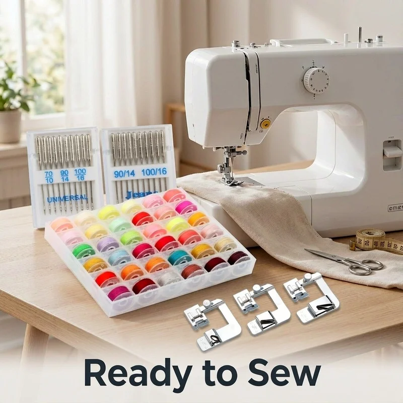 36 Color Thread Box with Sewing Machine Needles and Rolled Hem Presser Feet, Home Sewing Kit for Beginners, Sewing Supplies Set
