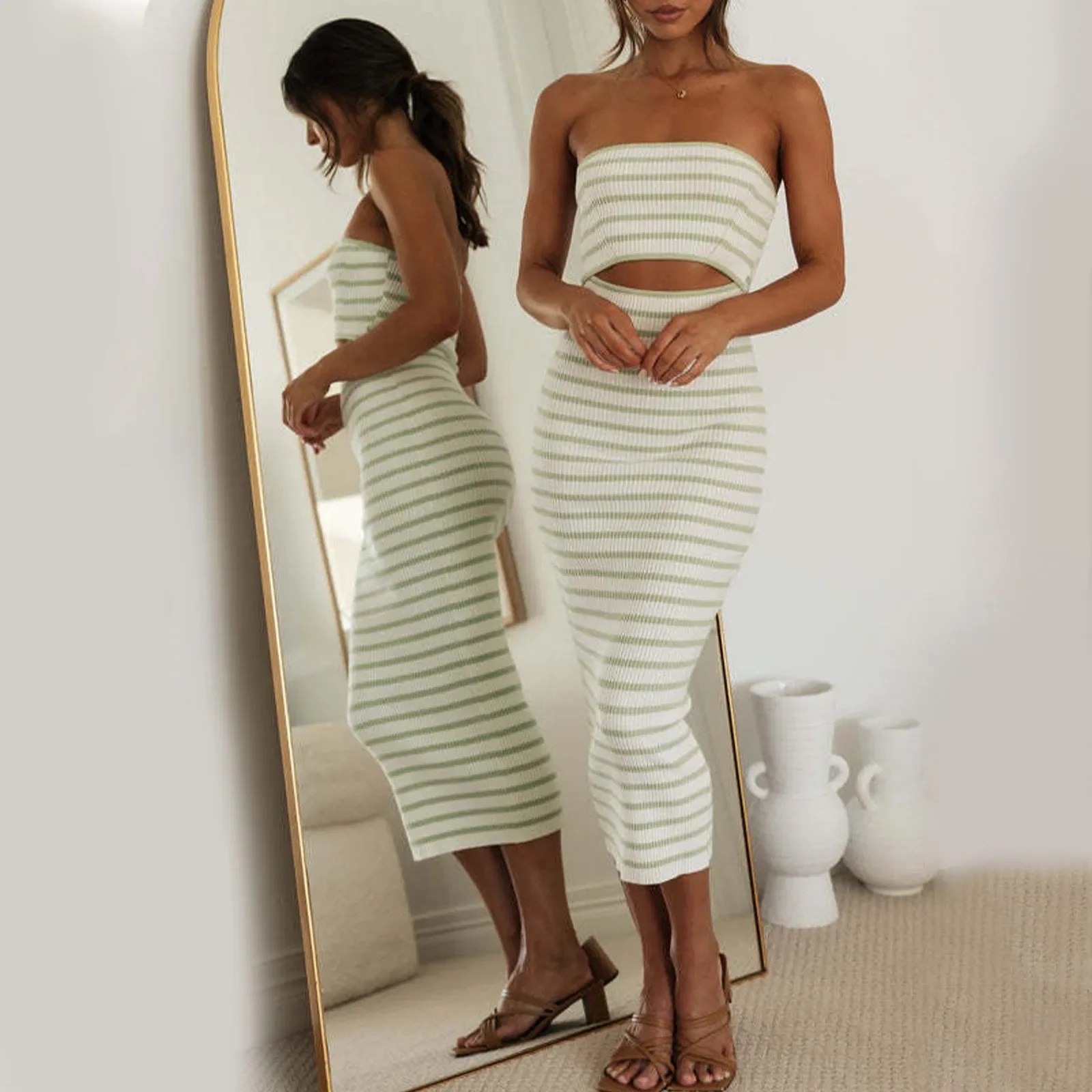 

2024 Women's dress Summer Slim Striped Dress Strapless Hollow Knitted Tube Long Fitted Dress Patchwork Robe Ropa De Mujer