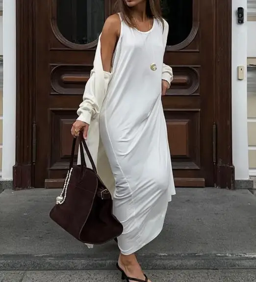 

Summer Sexy Sleeveless Knitted White Lazy Temperament Loose Round Neck Straight Tube Dress Casual Solid Color Sleeveless Dress