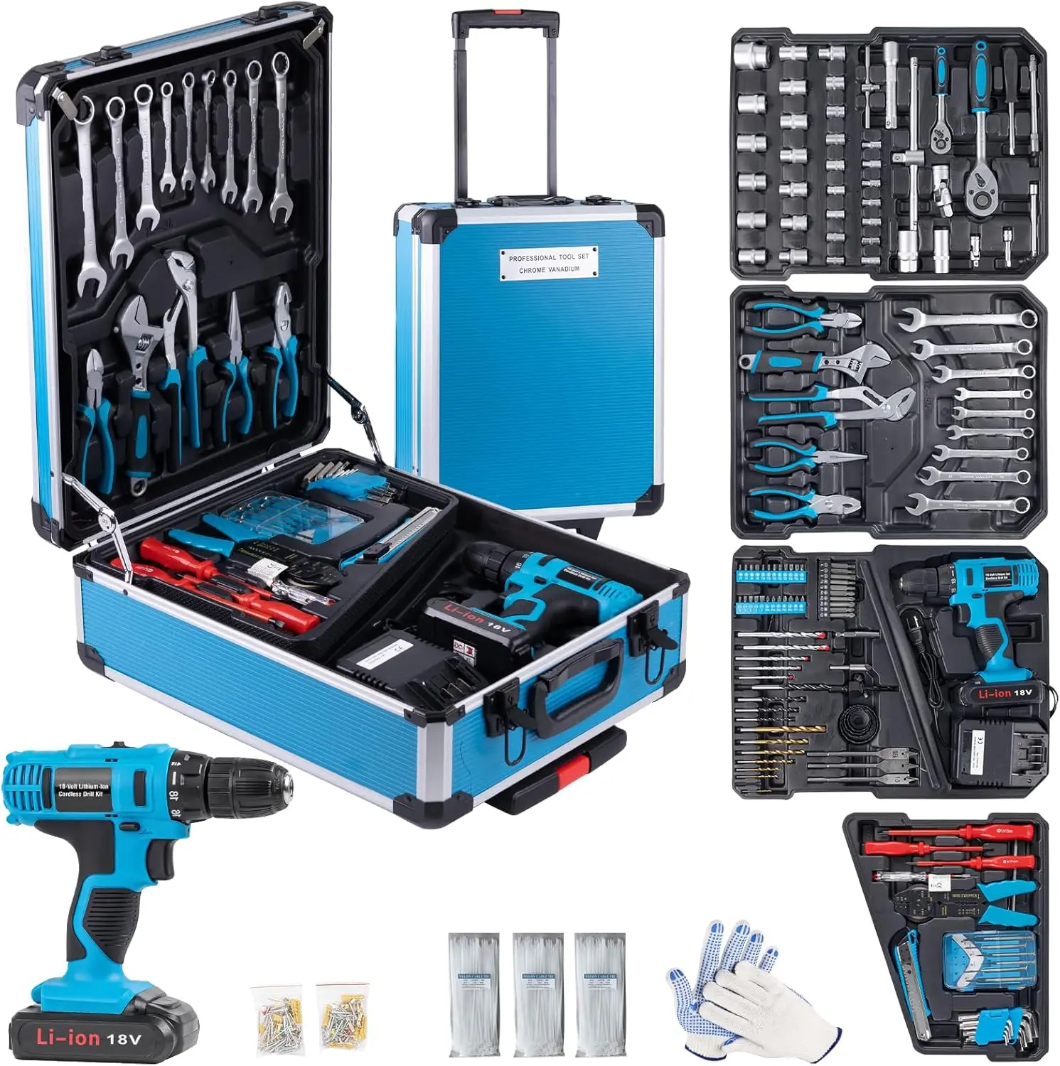 

346 Pcs Tool Sets,18V Electric Power Drill Set, Cordless Drill for Men, Household Home DIY Hand Tool Kits,18+1 Clutch Cordless P