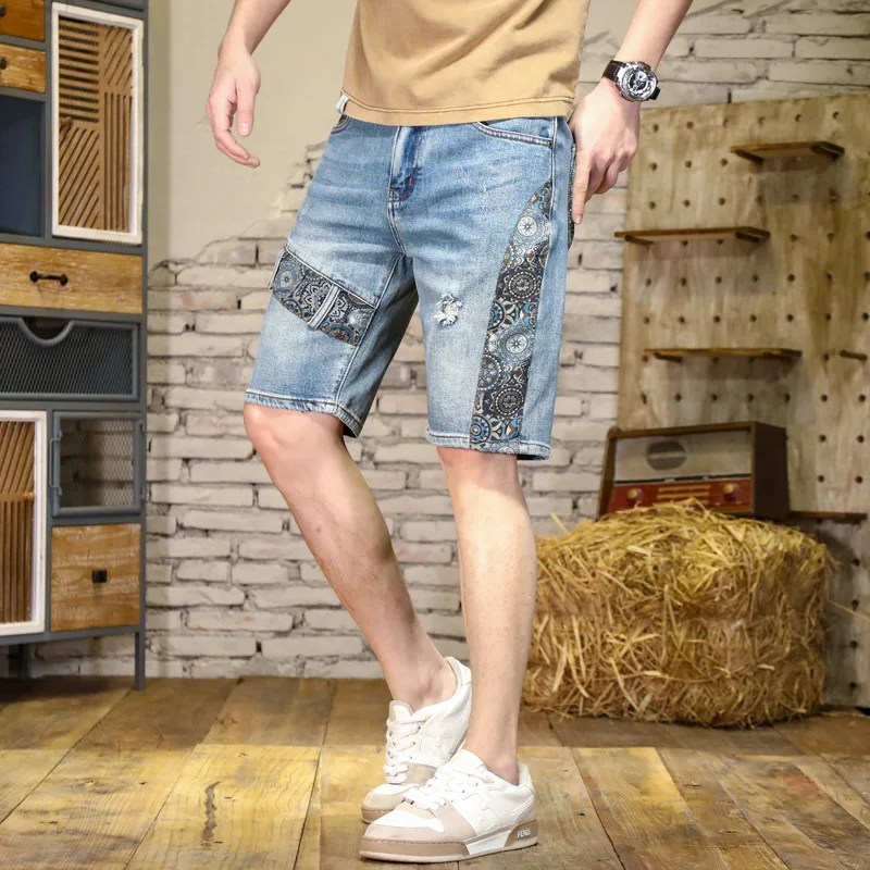 Calção jeans de costura masculina, moda de personalidade, tendência de rua verão, calção azul casual, 2024