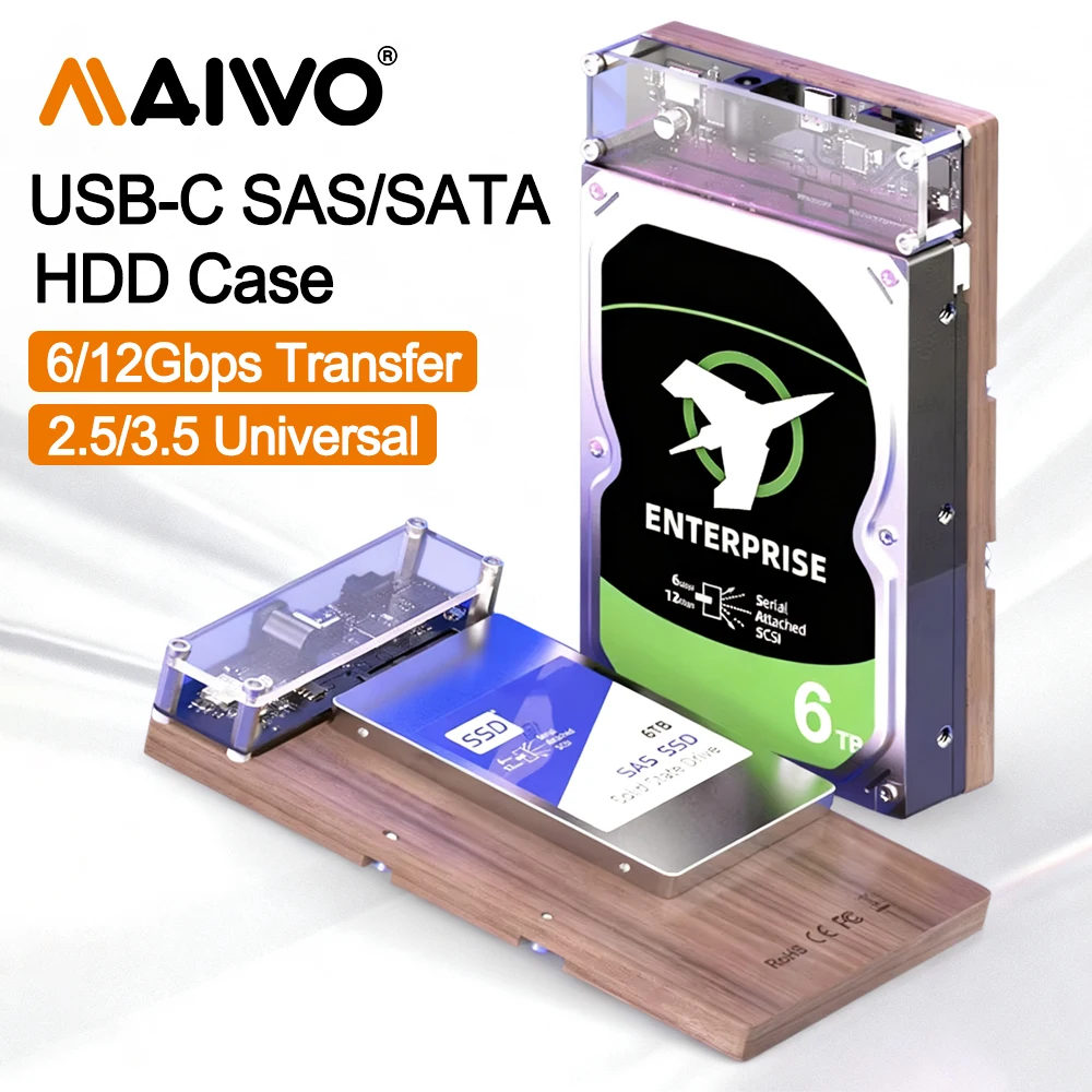 

Корпус SAS для жесткого диска MAIWO 2,5 дюйма/3,5 дюйма, 6/12 Гбит/с, док-станция для жесткого диска USB 3.0 Type-c для чтения и записи диска SAS с адаптером питания 12 В