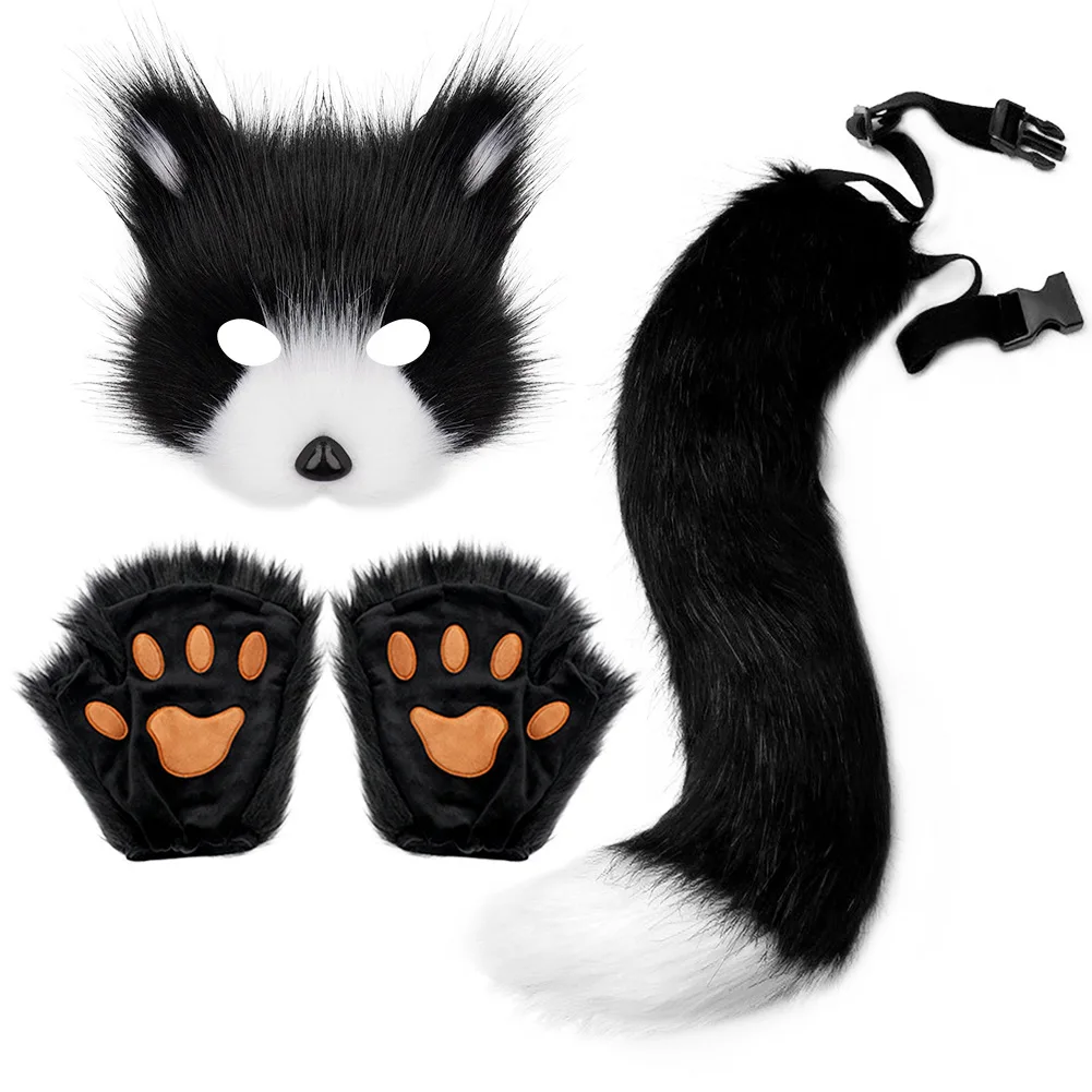 3PCS Girls Women Fake Fur Fox Tail Cat Wolf Role Playing Halloween Cosplay Props Accessories Costume Set Plush Masks Gloves
