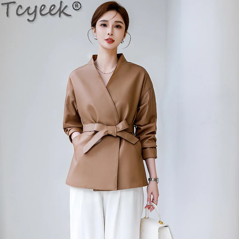 Tcyeek Genuine Leather Jacket Women 2024 Spring Autumn Clothes Belt V-neck Sheepskin Coats for Woman Waist Short Leather Coat