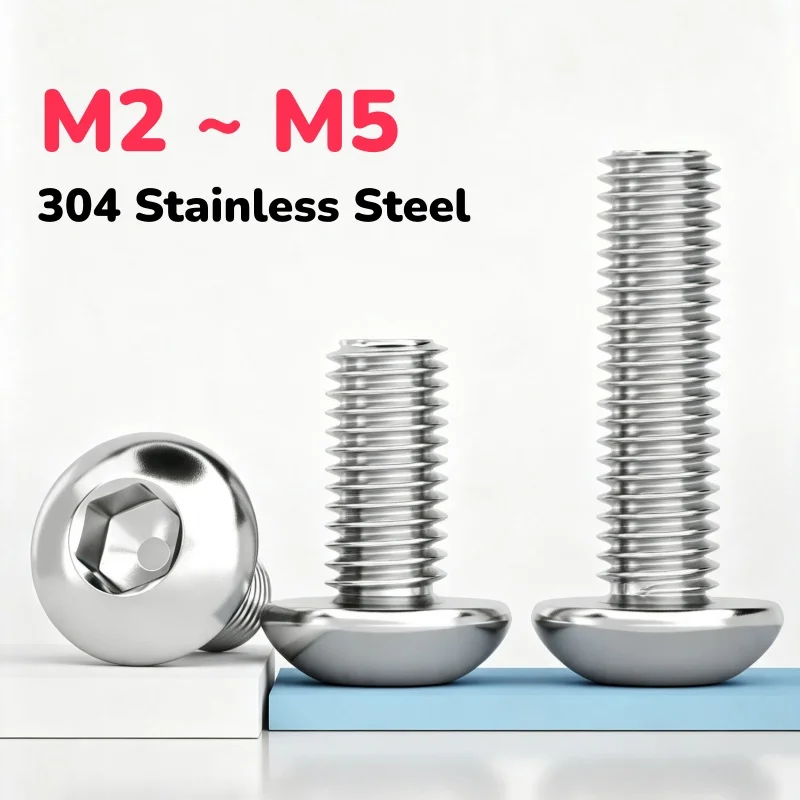 304 Stainless Steel M2 ~ M5 Hexagon Allen Round Head Screws Mushroom Button Head Bolts Length 3~150 mm