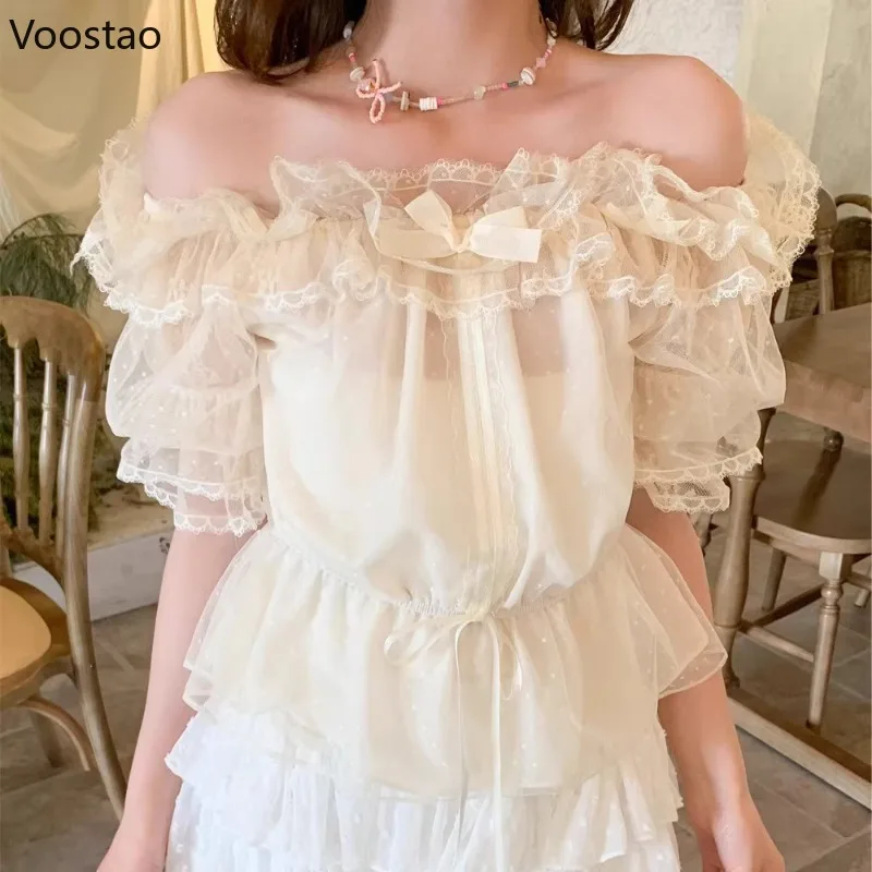 

Japanese Sweet Lolita Style Blouses Women Kawaii Cute Bow Lace Ruffes Puff Sleeve Shirts Girls Y2k Aesthetics Blusas Mujer Tops