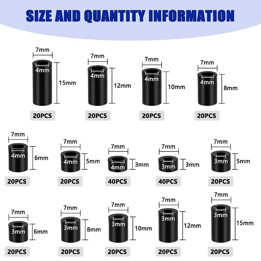 320 Pcs Black Screws Spacers Assortment Kit Nylon Electrical Outlet Switch and Receptacle Spacers Round Spacer Screws